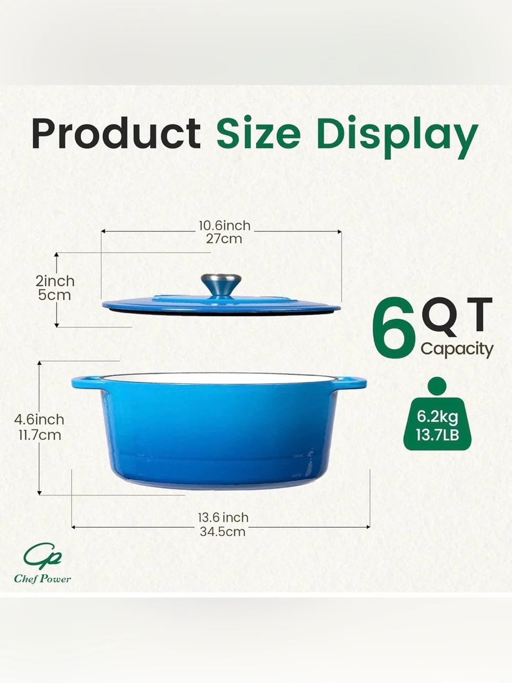 Chef Power 6QT Enameled Cast Iron Dutch Oven with Lid Blue New in Box